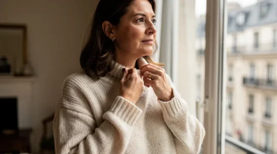 Femme portant un pull en maille française près d'une fenêtre lumineuse